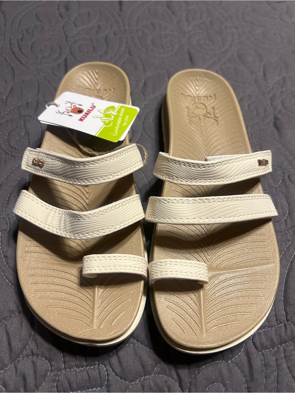 KuaiLu Sandals Womens 7.5 Beige Orthotic Flip Flop 3-Strap Comfort Slides NWT